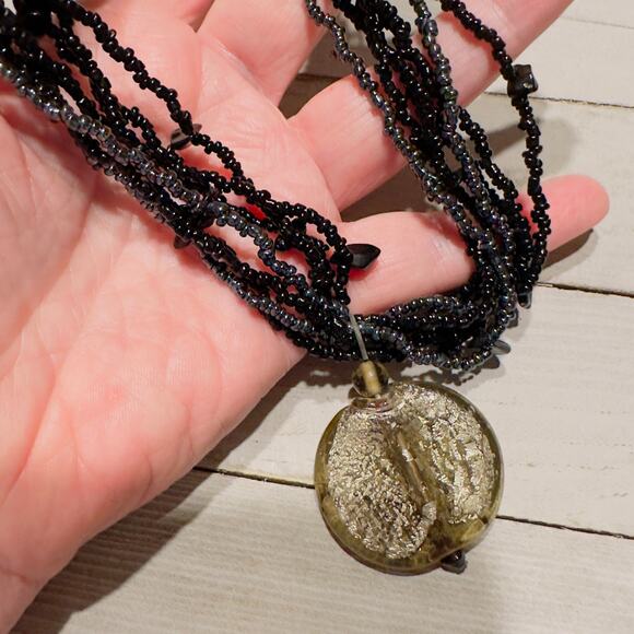 Vintage Black Multi-Strand Seed Bead Necklace with Crackle Glass Disc Pendant - Picture 4 of 6